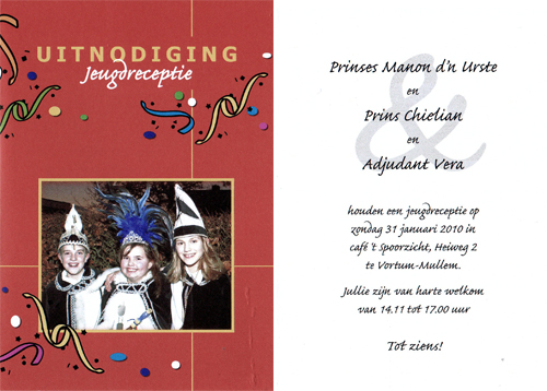 Uitnodiging receptie Jeugdprinses Manon de 1e